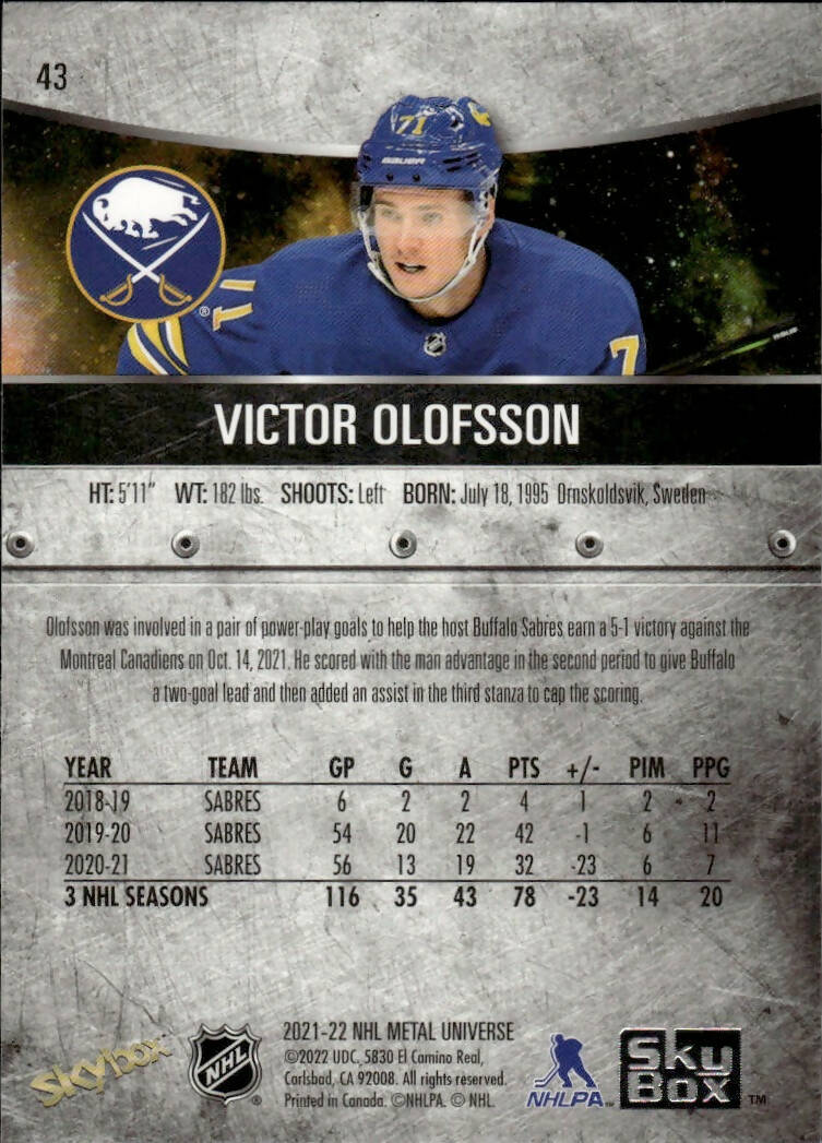 2021-22 Upper Deck Skybox Metal Universe Hockey Base #43 Victor Olofsson - Buffalo Sabres