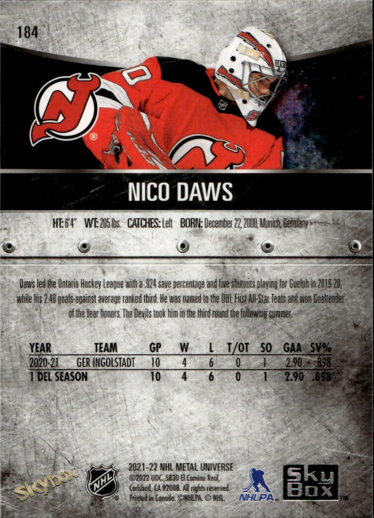 2021-22 Upper Deck Skybox Metal Universe Hockey Rookies #184 Nico Daws - New Jersey Devils