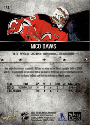 2021-22 Upper Deck Skybox Metal Universe Hockey Rookies #184 Nico Daws - New Jersey Devils