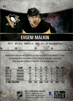 2021-22 Upper Deck Skybox Metal Universe Hockey Base #42 Evgeni Malkin - Pittsburgh Penguins