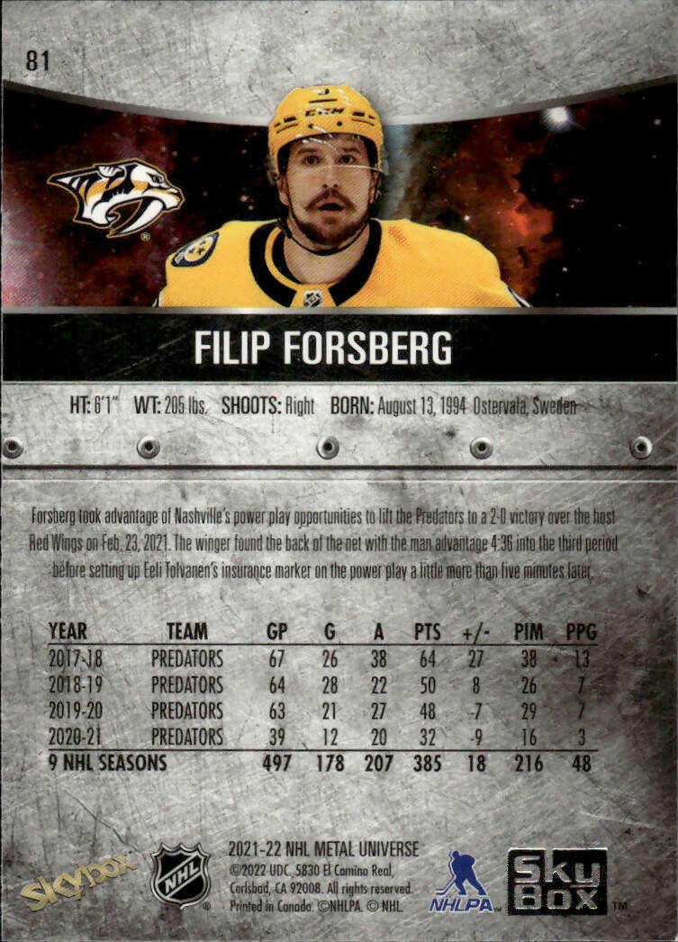 2021-22 Upper Deck Skybox Metal Universe Hockey Base #81 Filip Forsberg - Nashville Predators