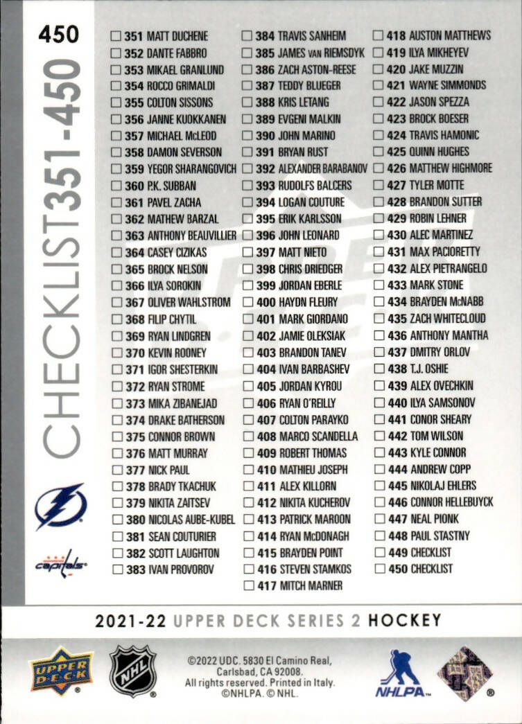 2021-22 Upper Deck Series 2 Hockey - Base #450 Nikita Kucherov/Alex Ovechkin Tampa Bay Lightning/Washington Capitals CL