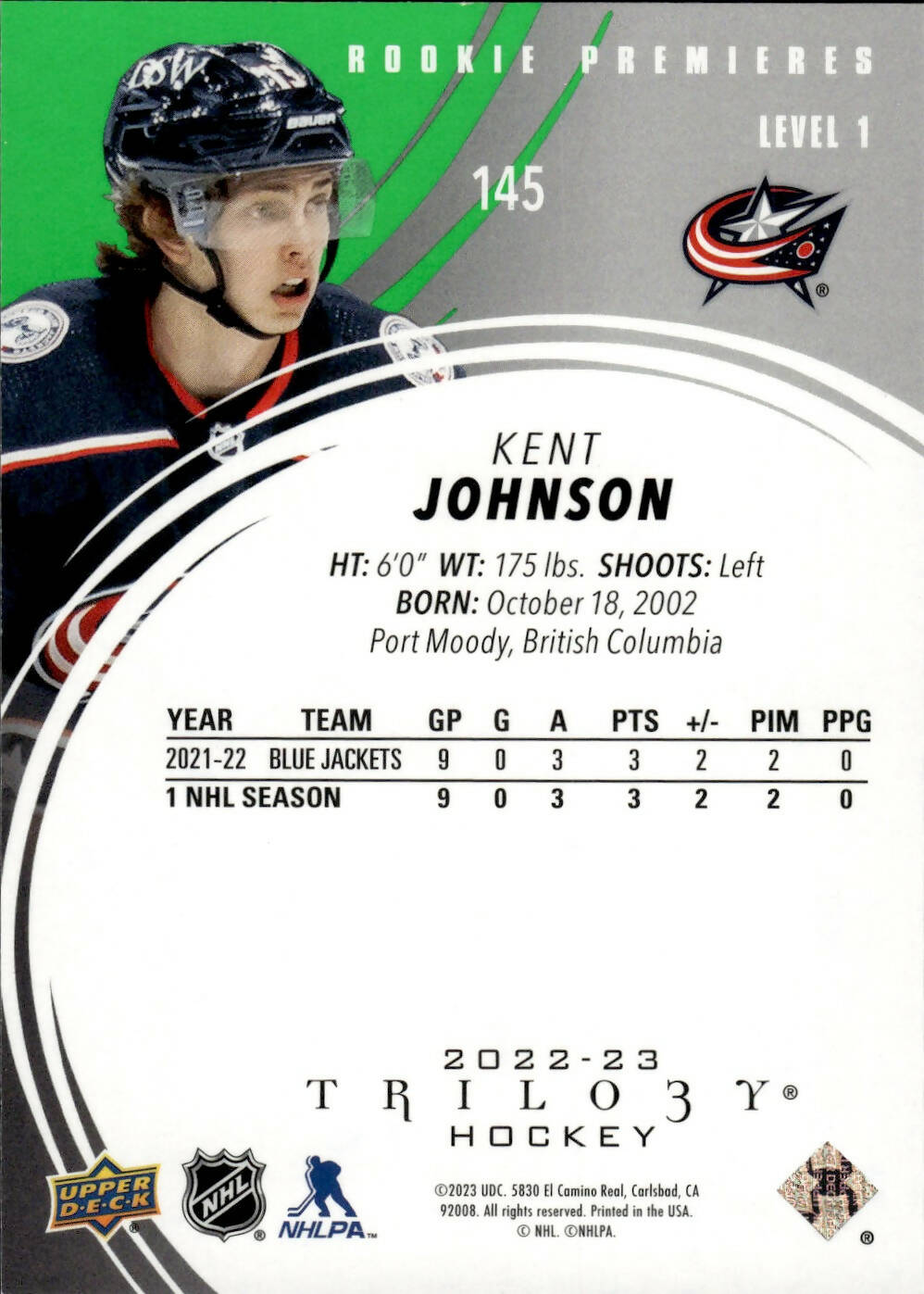 2022-23 Upper Deck Trilogy Hockey - Base - Rookie Premiers Level 1 - Green /99 #145 Kent Johnson - Columbus Blue Jackets