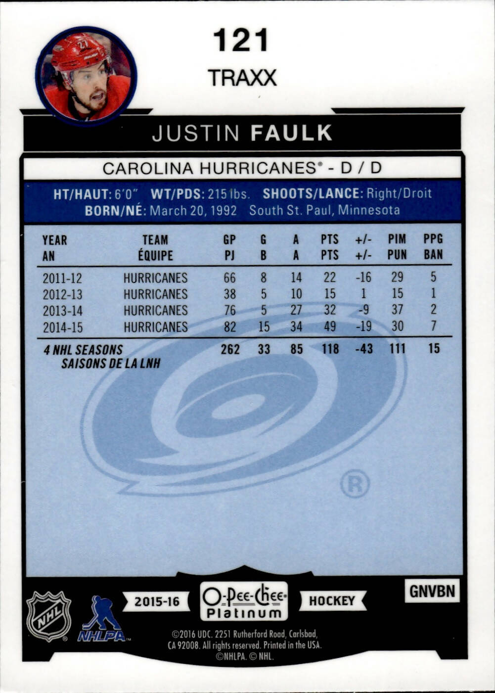 2015-16 O-Pee-Chee Platinum Hockey Traxx #121 Justin Faulk - Carolina Hurricanes