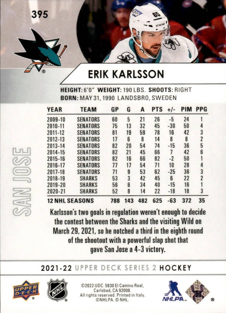 2021-22 Upper Deck Series 2 Hockey - Base #395 Erik Karlsson - San Jose Sharks