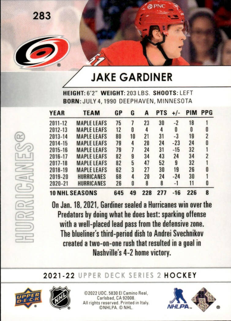 2021-22 Upper Deck Series 2 Hockey - Base #283 Jake Gardiner - Carolina Hurricanes