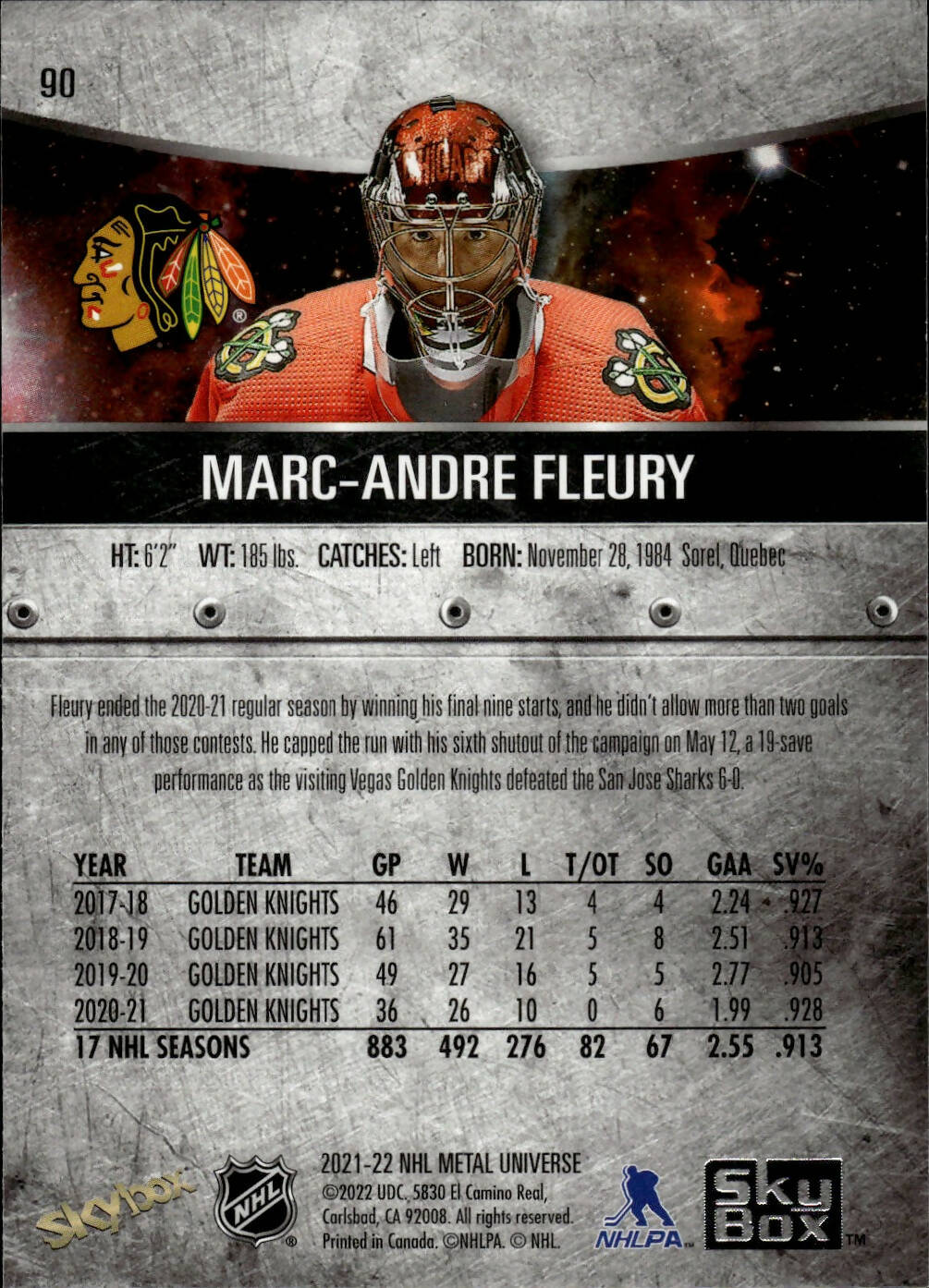 2021-22 Upper Deck Skybox Metal Universe Hockey Base #90 Marc-Andre Fleury - Chicago Blackhawks