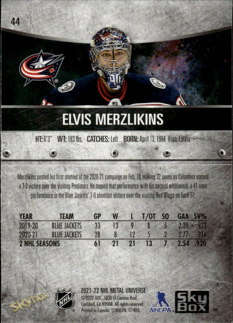 2021-22 Upper Deck Skybox Metal Universe Hockey Base #44 Elvis Merzlikins - Columbus Blue Jackets