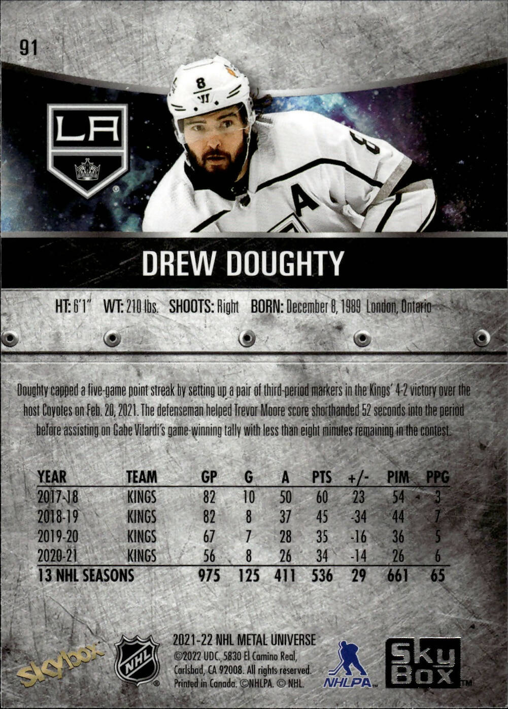 2021-22 Upper Deck Skybox Metal Universe Hockey Base #91 Drew Doughty - Los Angeles Kings