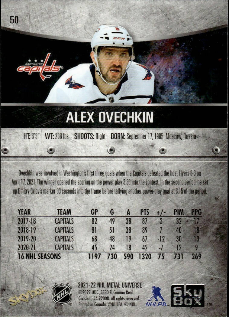 2021-22 Upper Deck Skybox Metal Universe Hockey Base #50 Alex Ovechkin - Washington Capitals