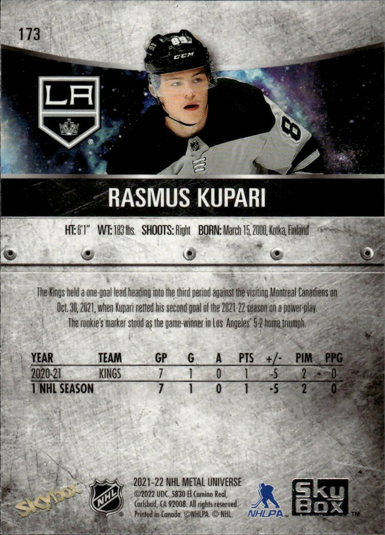 2021-22 Upper Deck Skybox Metal Universe Hockey Rookies #173 Rasmus Kupari - Los Angeles Kings