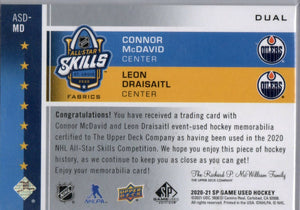 2020-21 Upper Deck SP Game Used Hockey All Stars Skills Duel Fabric # ASD-MD Connor McDavid Leon Draisaitl - Edmonton Oilers