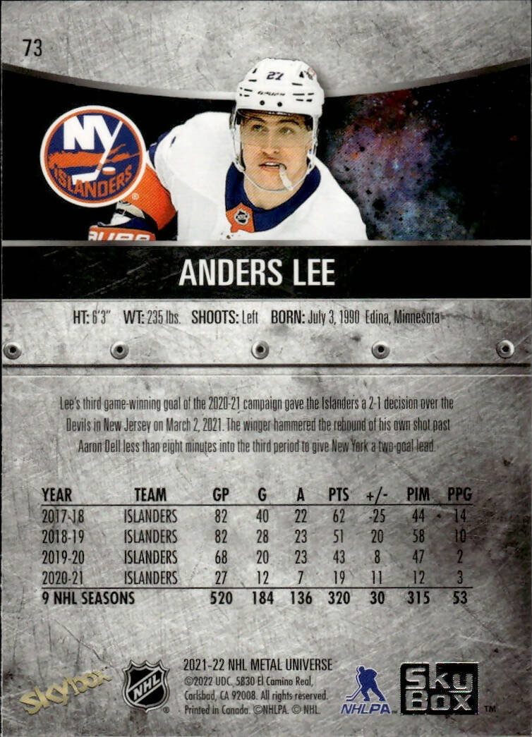 2021-22 Upper Deck Skybox Metal Universe Hockey Base #73 Anders Lee - New York Islanders