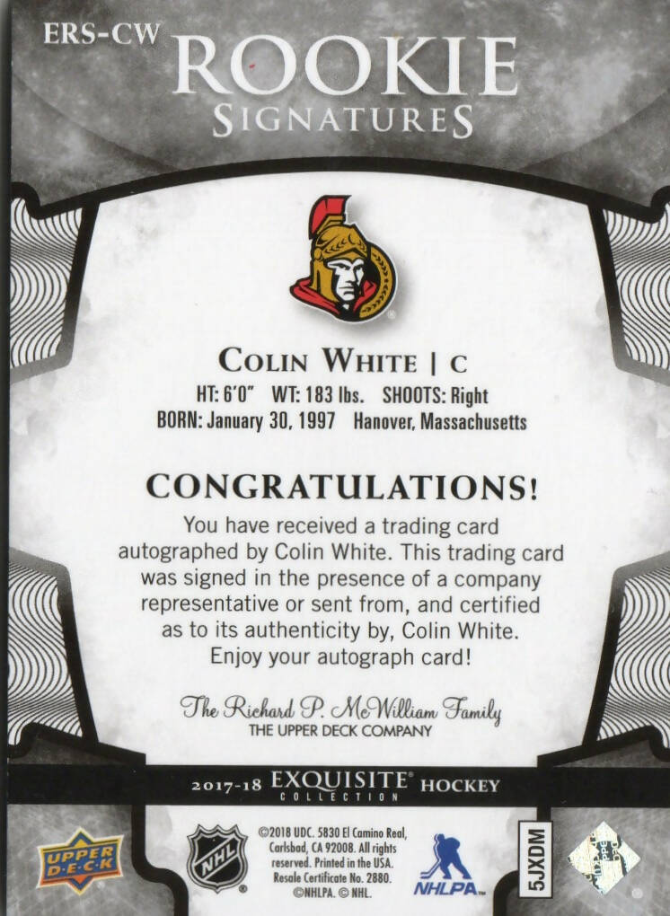 2017-18 Upper Deck Exquisite Collection Hockey - Rookie Signatures /199 #ERS-CW Colin White - Ottawa Senators