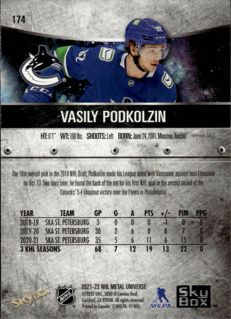 2021-22 Upper Deck Skybox Metal Universe Hockey Rookies #174 Vasily Podkolzin - Vancouver Canucks