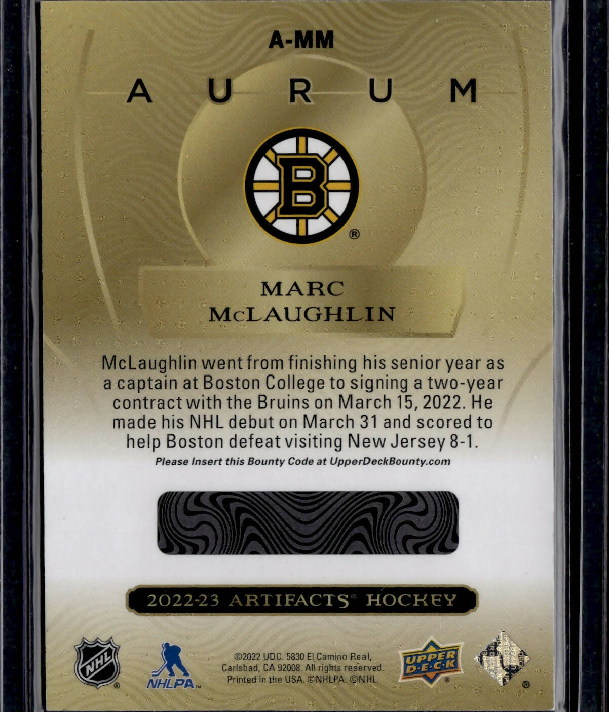 2022-23 Upper Deck Artifacts Hockey - Aurum #A-MM Marc McLaughlin - Boston Bruins