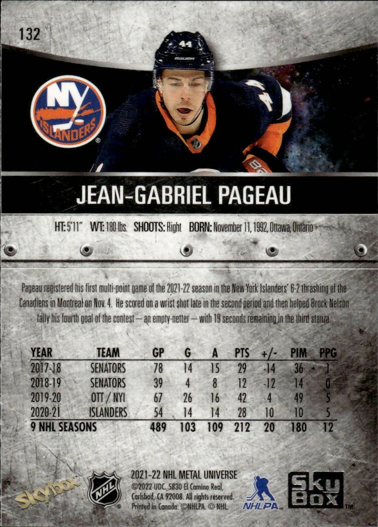 2021-22 Upper Deck Skybox Metal Universe Hockey Alt Jersey #132 Jean-Gabriel Pageau - New York Islanders