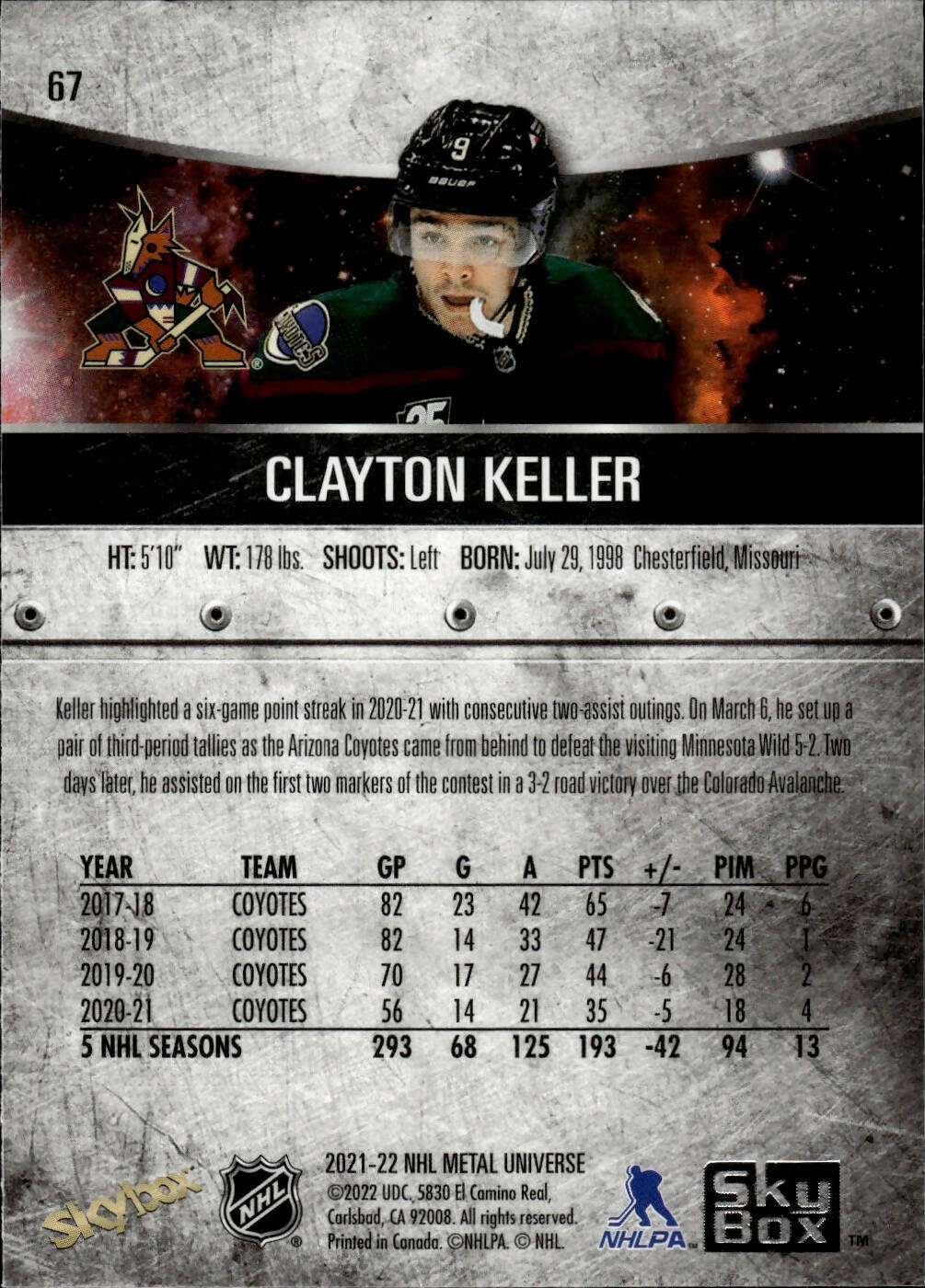 2021-22 Upper Deck Skybox Metal Universe Hockey Base #67 Clayton Keller - Arizona Coyotes