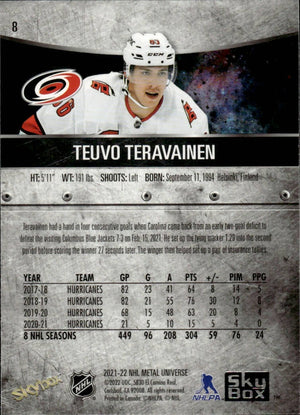 2021-22 Upper Deck Skybox Metal Universe Hockey Base #8 Teuvo Teravainen - Carolina Hurricanes