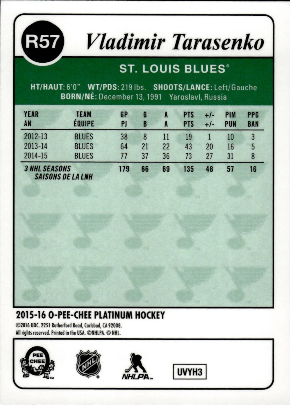 2015-16 O-Pee-Chee Platinum Hockey Retro #R57 Vladimir Tarasenko - St. Louis Blues