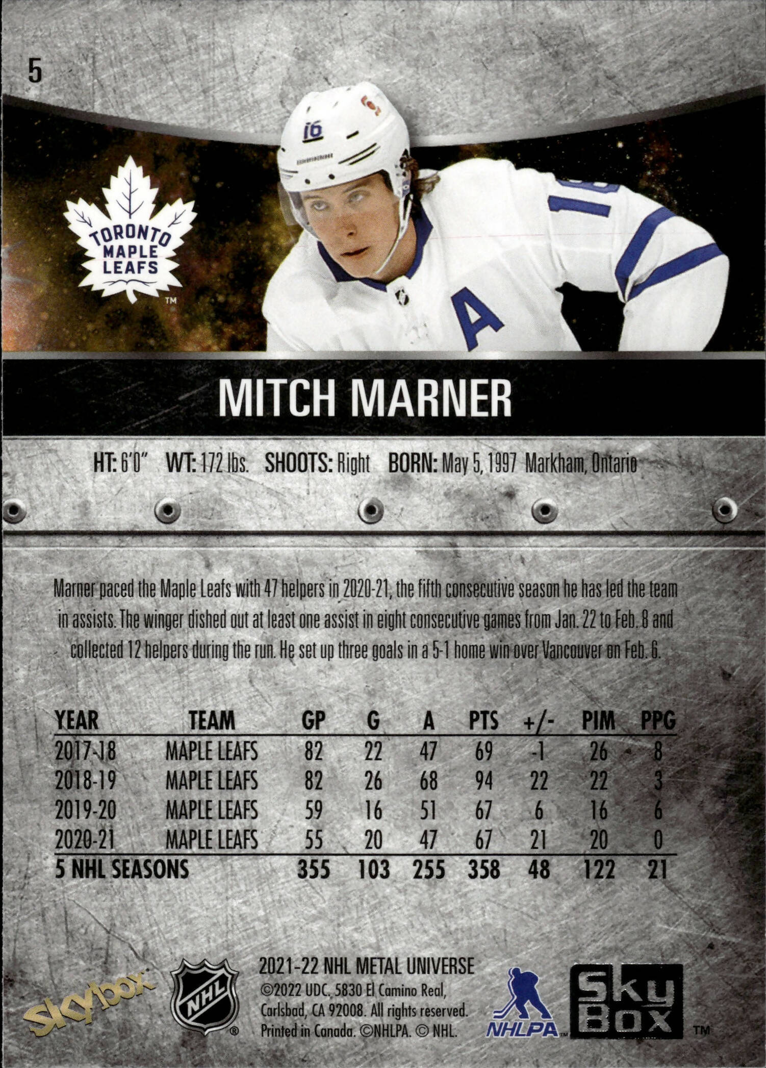 2021-22 Upper Deck Skybox Metal Universe Hockey Base #5 Mitch Marner - Toronto Maple Leafs