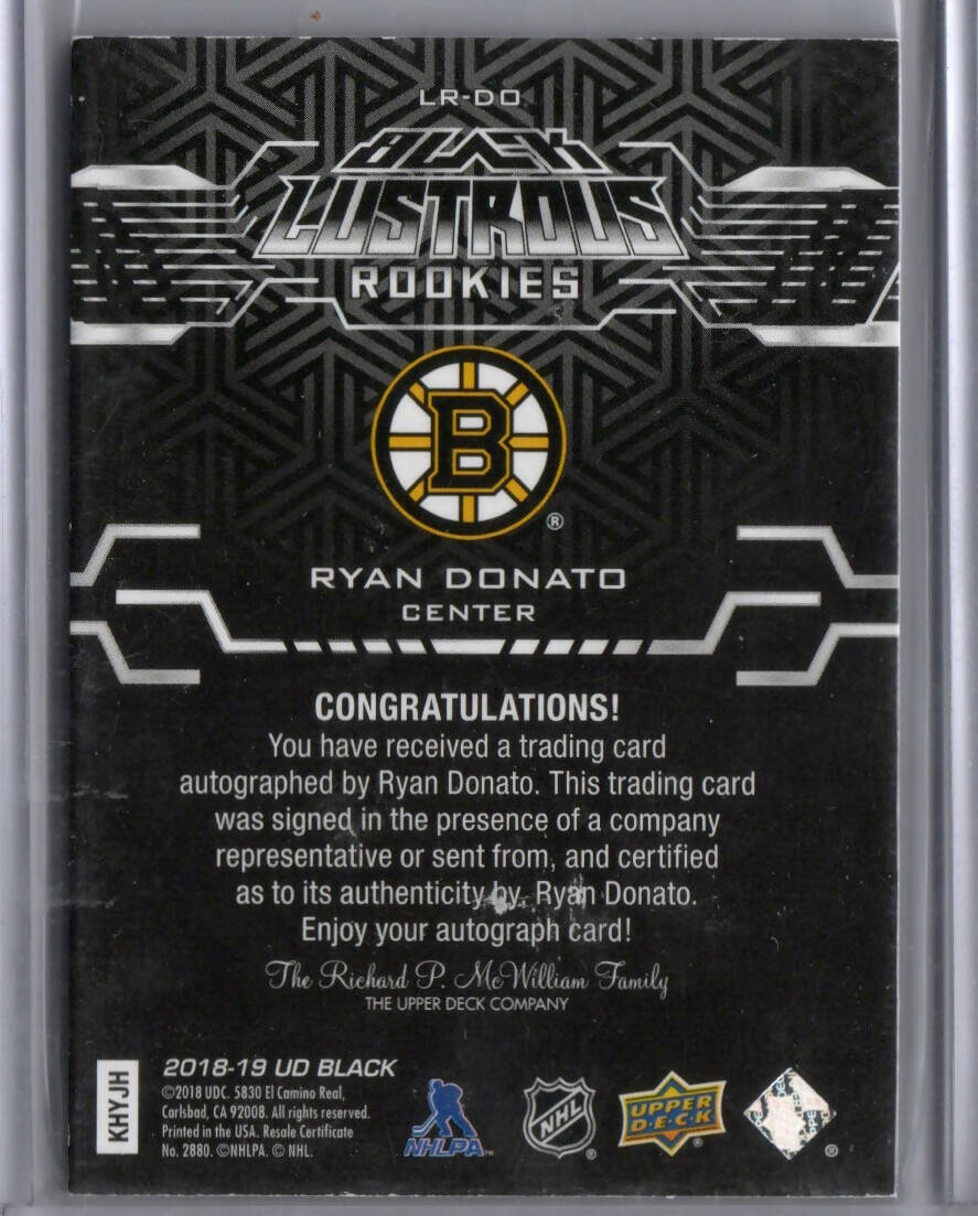 2018-19 Upper Deck Black - Black Lustrous Rookies - Auto #LR-DO - Ryan Donato - Boston Bruins