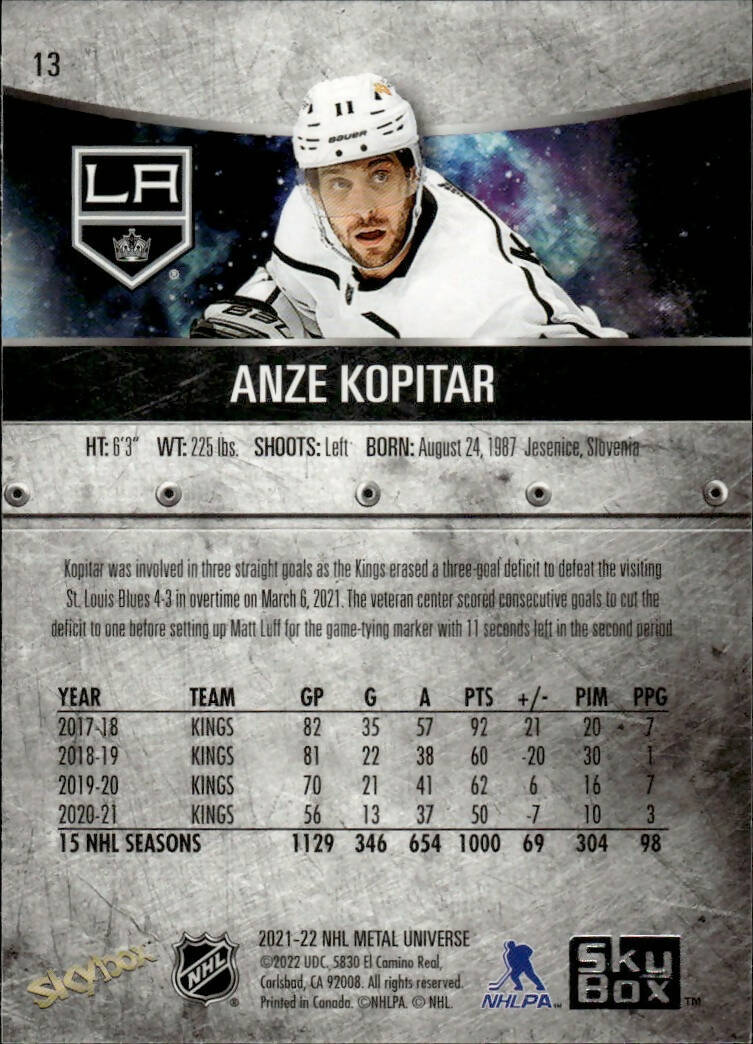 2021-22 Upper Deck Skybox Metal Universe Hockey Base #13 Anze Kopitar - Los Angeles Kings