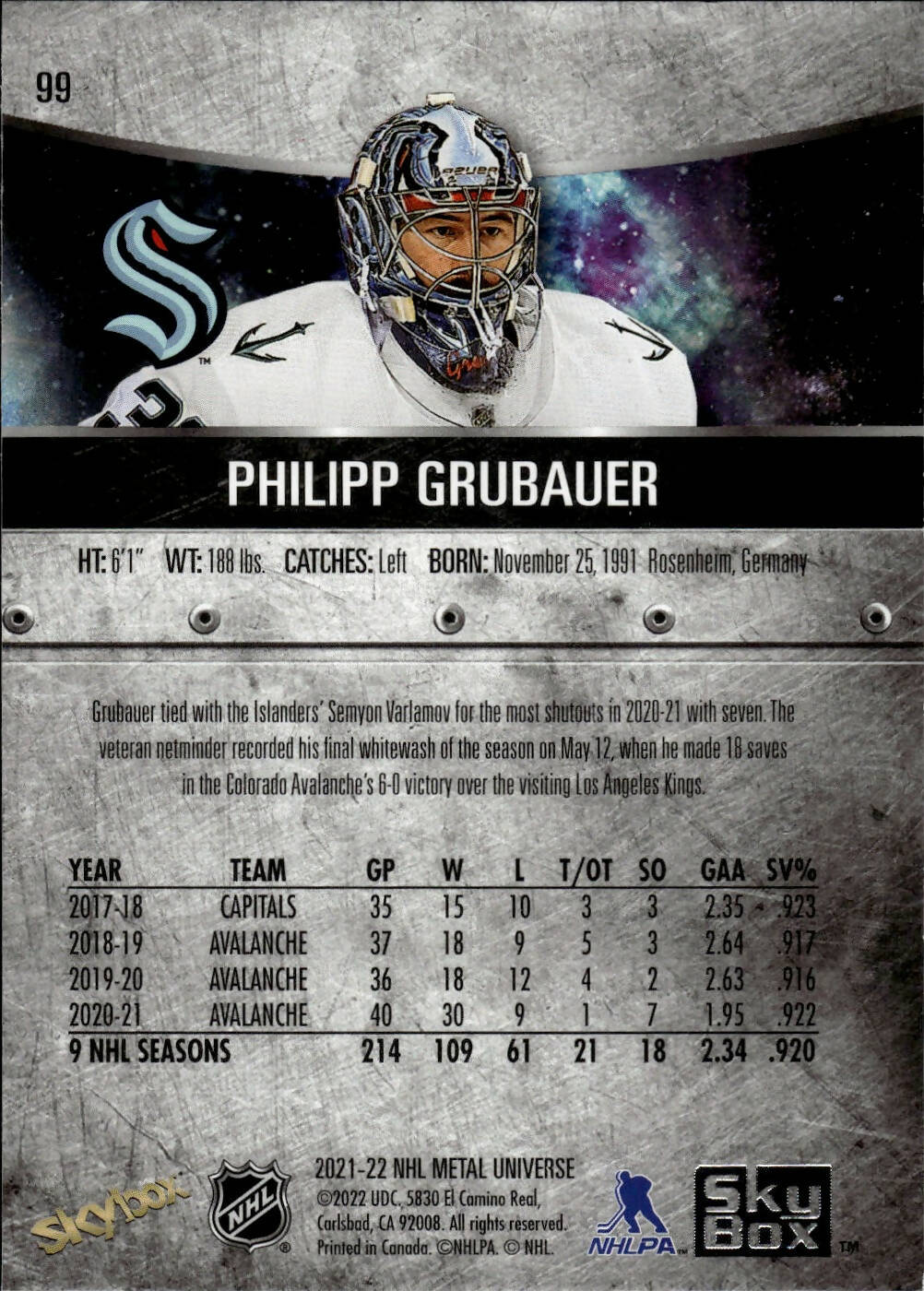 2021-22 Upper Deck Skybox Metal Universe Hockey Base #99 Philipp Grubauer - Seattle Kraken