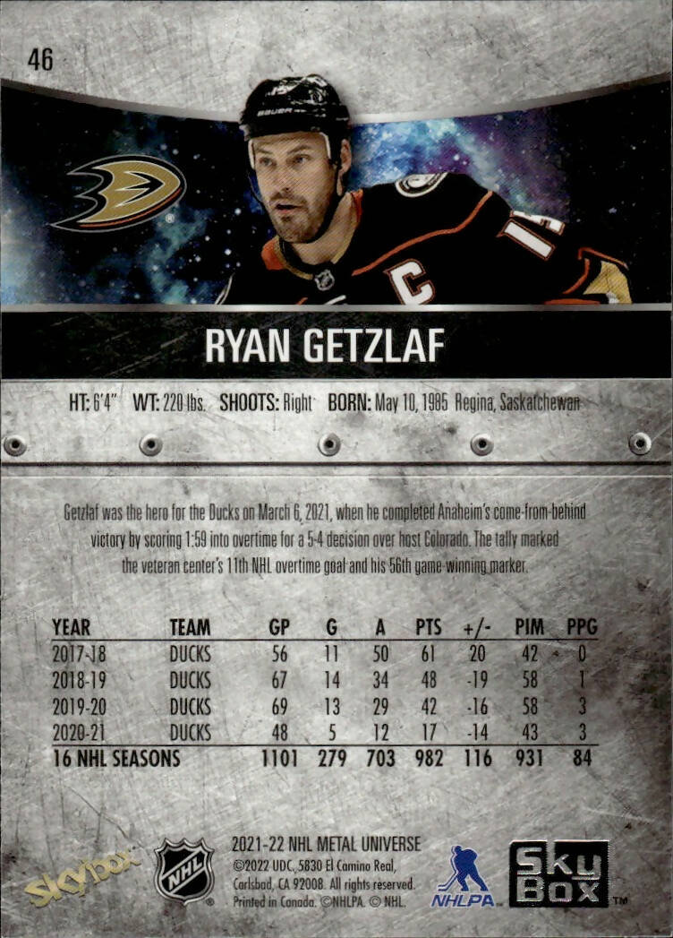 2021-22 Upper Deck Skybox Metal Universe Hockey Base #46 Ryan Getzlaf - Anaheim Ducks