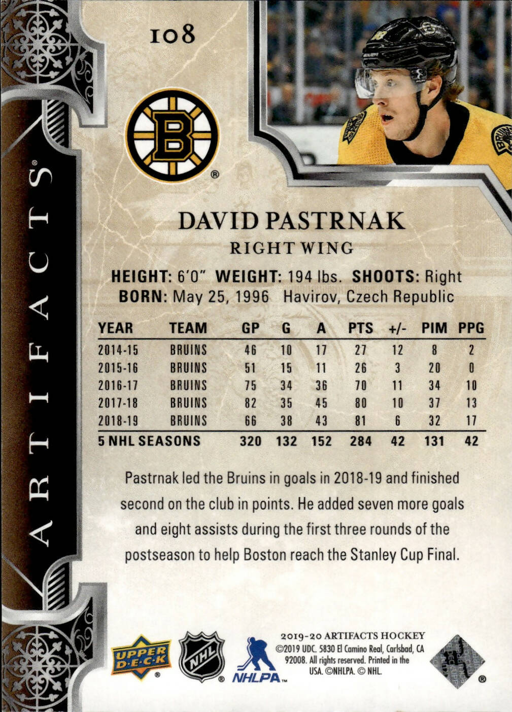 2019-20 Upper Deck Artifacts Hockey - Red /399 #108 David Pastrnak - Boston Bruins