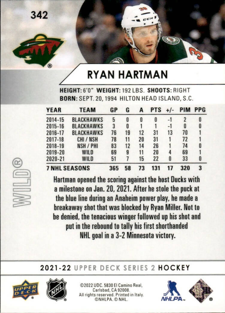 2021-22 Upper Deck Series 2 Hockey - Base #342 Ryan Hartman - Minnesota Wild