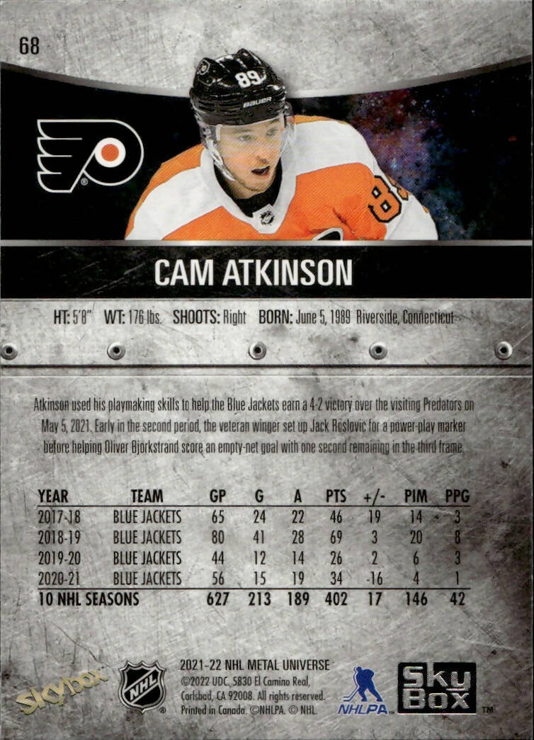 2021-22 Upper Deck Skybox Metal Universe Hockey Base #68 Cam Atkinson - Philadelphia Flyers