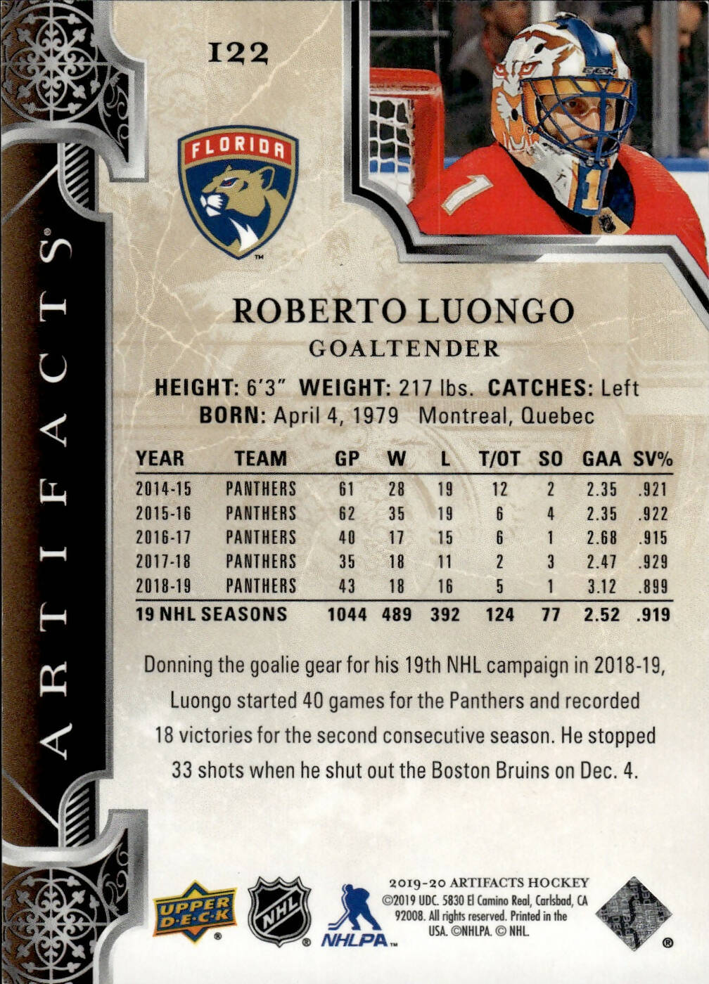 2019-20 Upper Deck Artifacts Hockey - Base /699 #122 Roberto Luongo - Florida Panthers