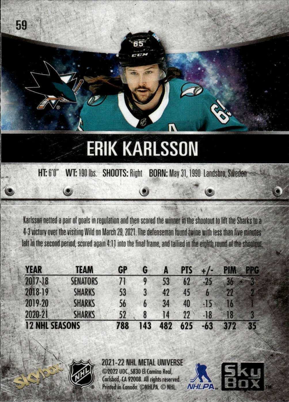 2021-22 Upper Deck Skybox Metal Universe Hockey Base #59 Erik Karlsson - San Jose Sharks