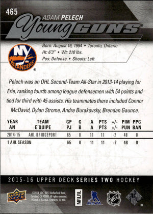 2015-16 Upper Deck Series 2 Hockey - Young Guns #465 Adam Pelech - New York Islanders