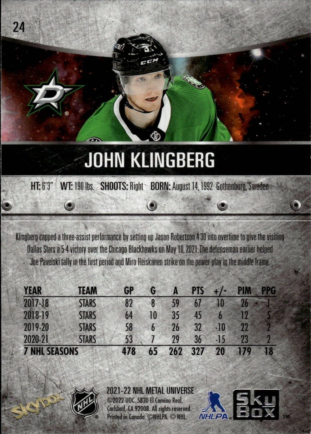 2021-22 Upper Deck Skybox Metal Universe Hockey Base #24 John Klingberg - Dallas Stars