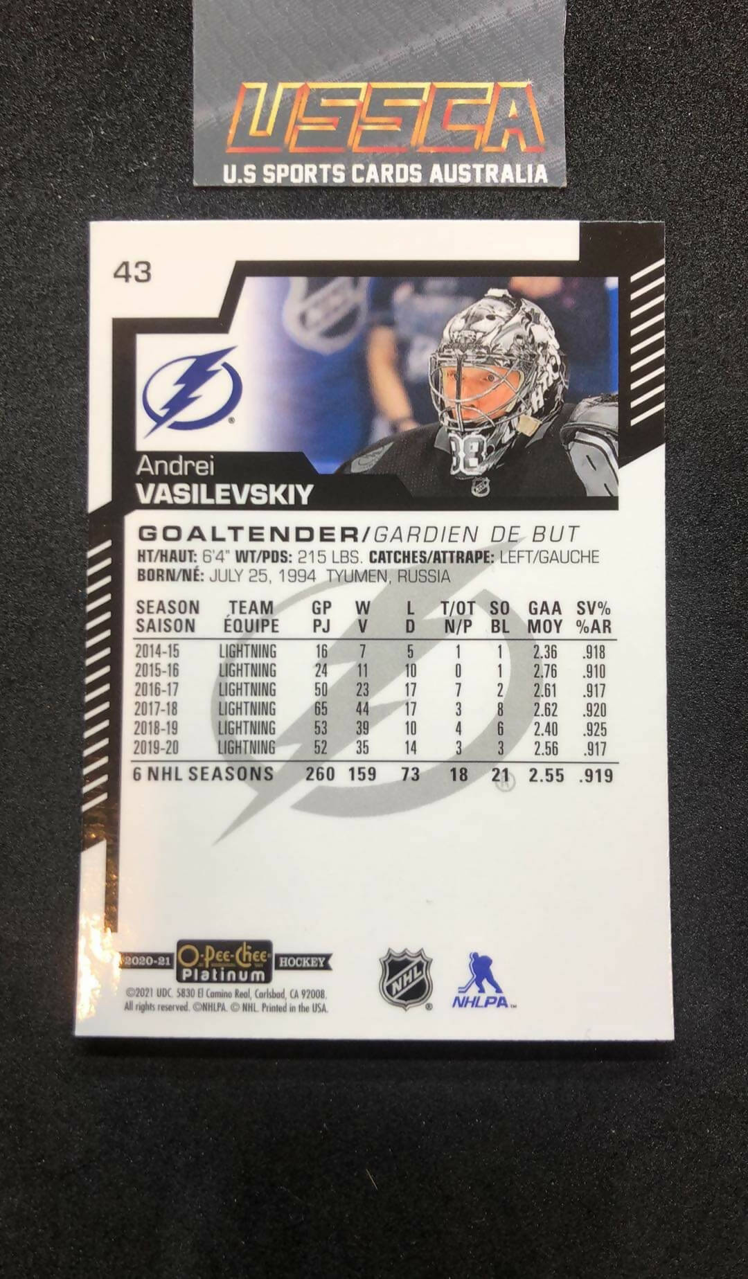 2020-21 Upper Deck O-Pee-Chee Platinum Hockey - Base #43 Andrei Vasilevskiy - Tampa Bay Lightning