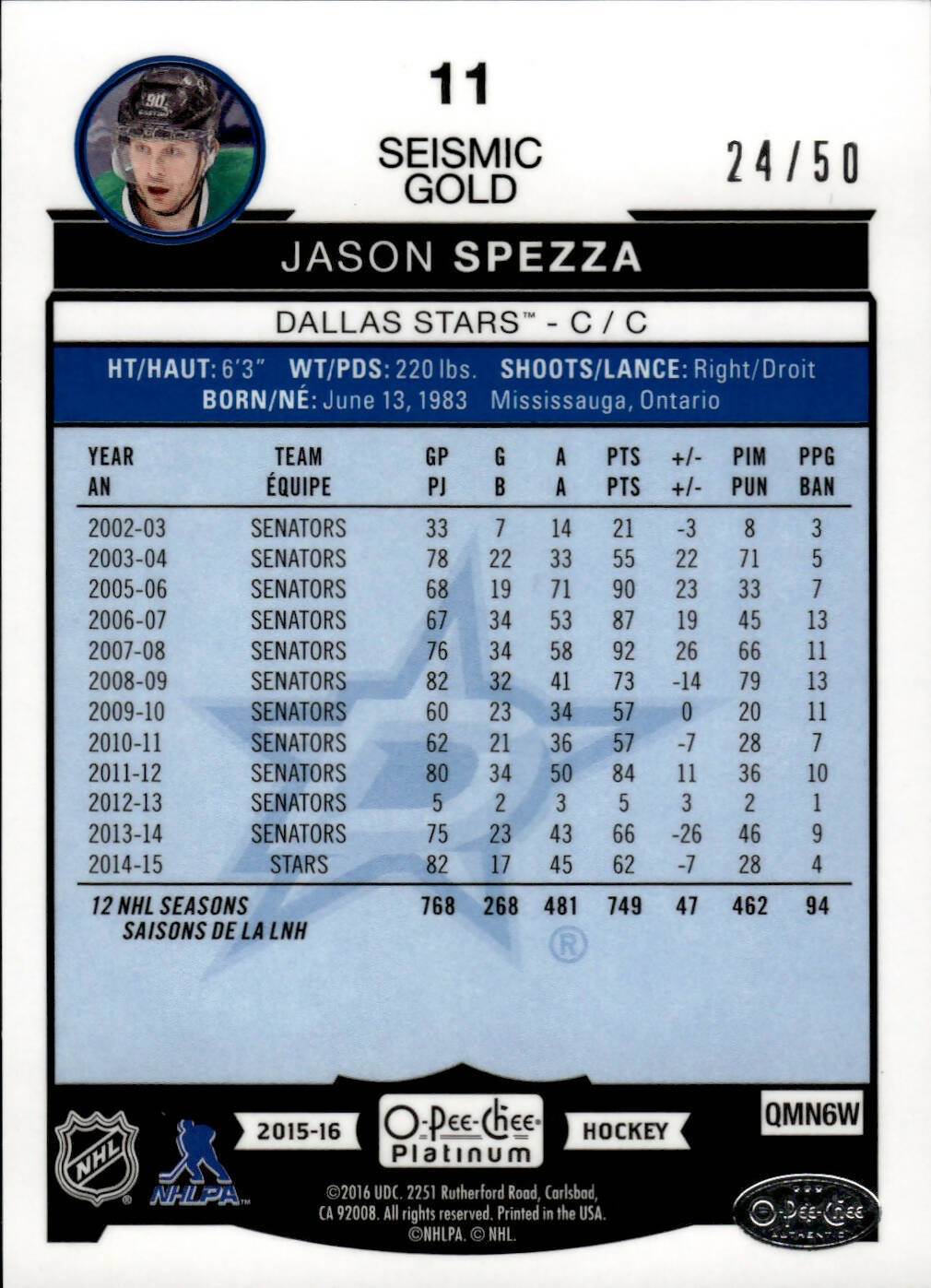 2015-16 O-Pee-Chee Platinum Hockey Seismic Gold /50 #11 Jason Spezza - Dallas Stars