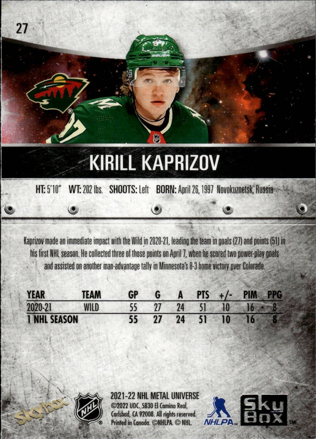 2021-22 Upper Deck Skybox Metal Universe Hockey Base #27 Kirill Kaprizov - Minnesota Wild