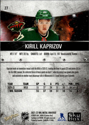 2021-22 Upper Deck Skybox Metal Universe Hockey Base #27 Kirill Kaprizov - Minnesota Wild