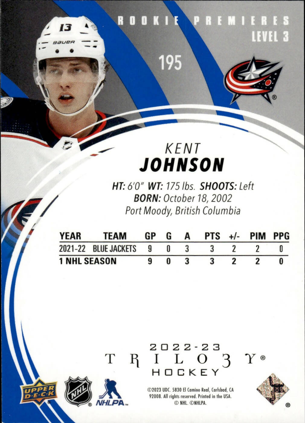 2022-23 Upper Deck Trilogy Hockey - Base - Rookie Premiers Level 3 - Blue /99 #195 Kent Johnson - Columbus Blue Jackets