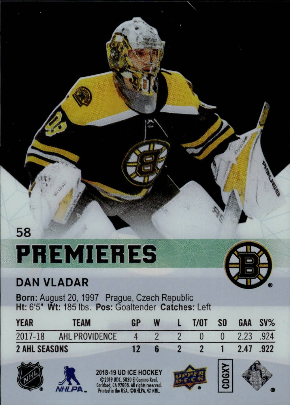 2018-19 Upper Deck Ice Hockey - Premiers /1299 #58 Dan Vladar - Boston Bruins