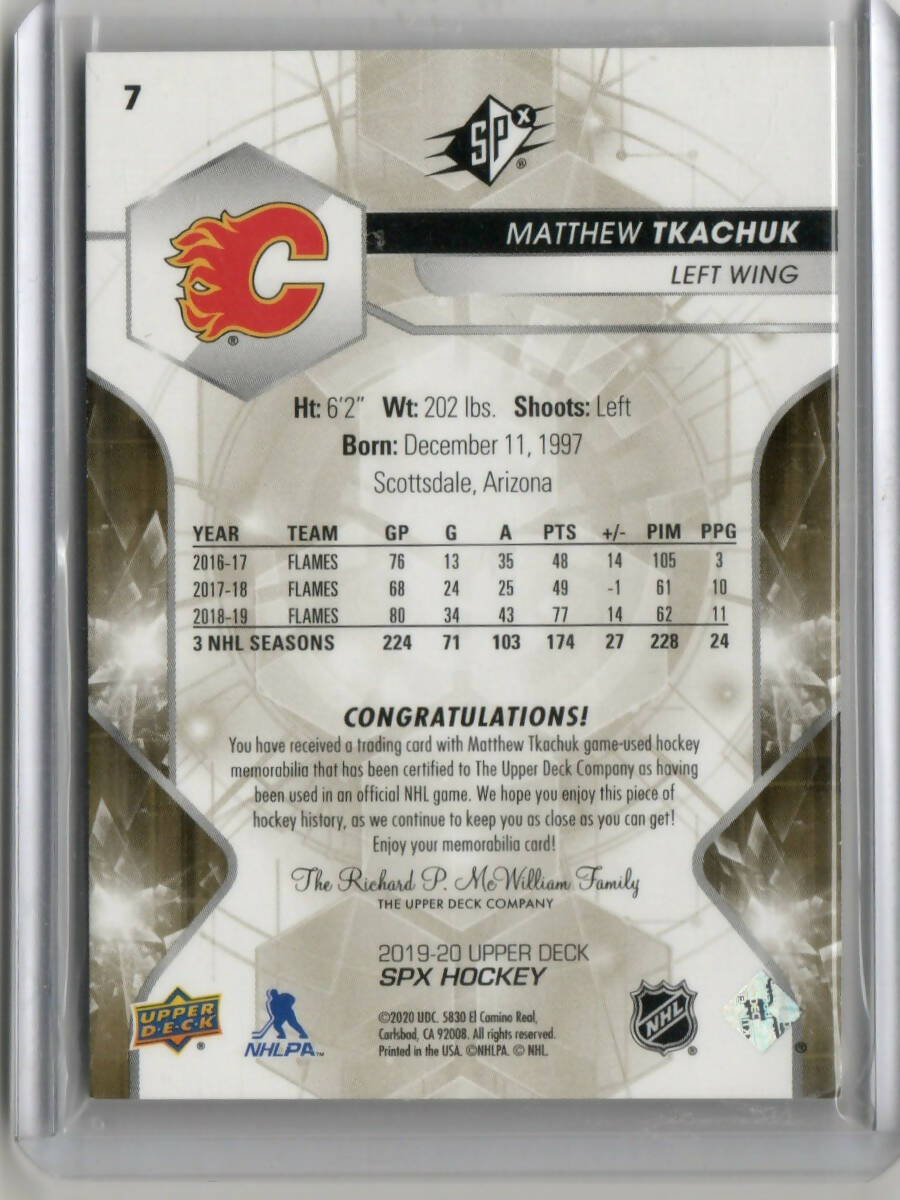 2019-20 Upper Deck SPX Hockey - Base - Memrobilia /199 #7 Matthew Tkachuk - Calgary Flames