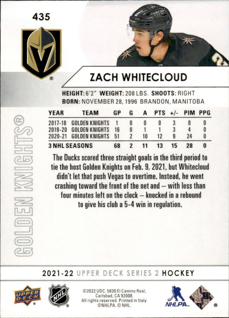 2021-22 Upper Deck Series 2 Hockey - Base #435 Zach Whitecloud - Vegas Golden Knights