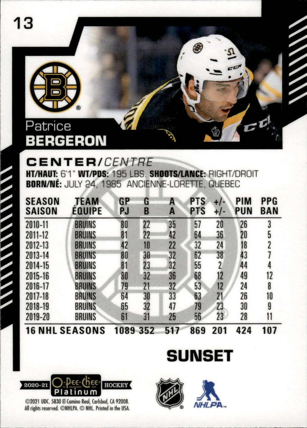 2020-21 Upper Deck O-Pee-Chee Platinum Hockey - Base - Sunset #13 Patrice Bergeron - Boston Bruins