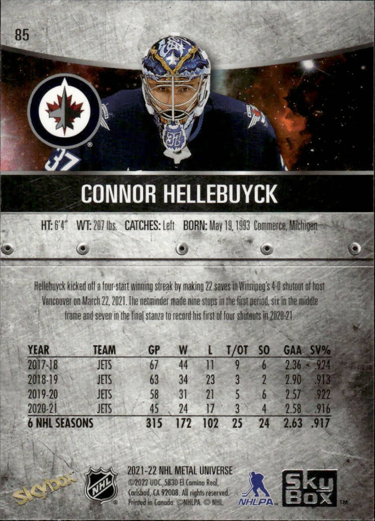 2021-22 Upper Deck Skybox Metal Universe Hockey Base #85 Connor Hellebuyck - Winnipeg Jets