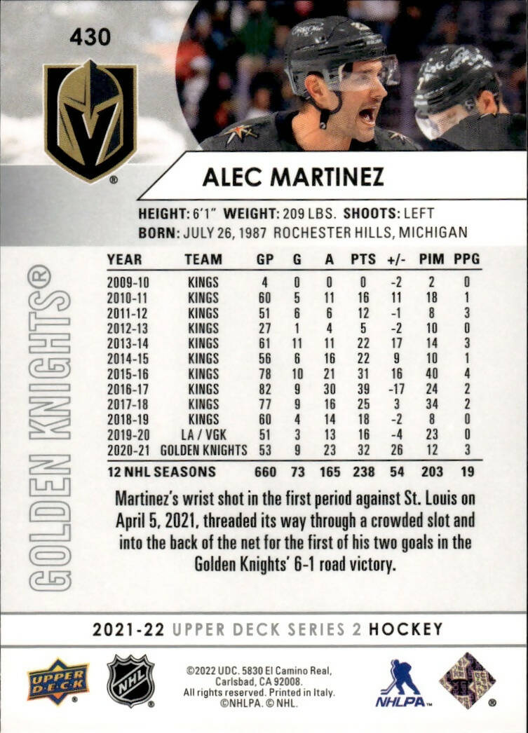 2021-22 Upper Deck Series 2 Hockey - Base #430 Alec Martinez - Vegas Golden Knights