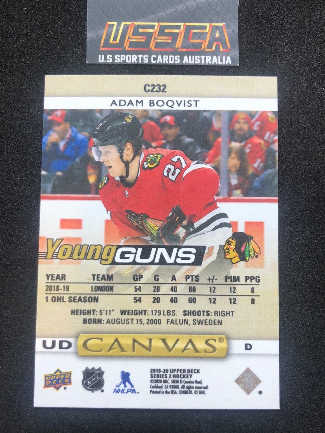 2019-20 Upper Deck Series Two  #C232 - Young Guns Canvas - Adam Boqvist - Chicago Blackhawks