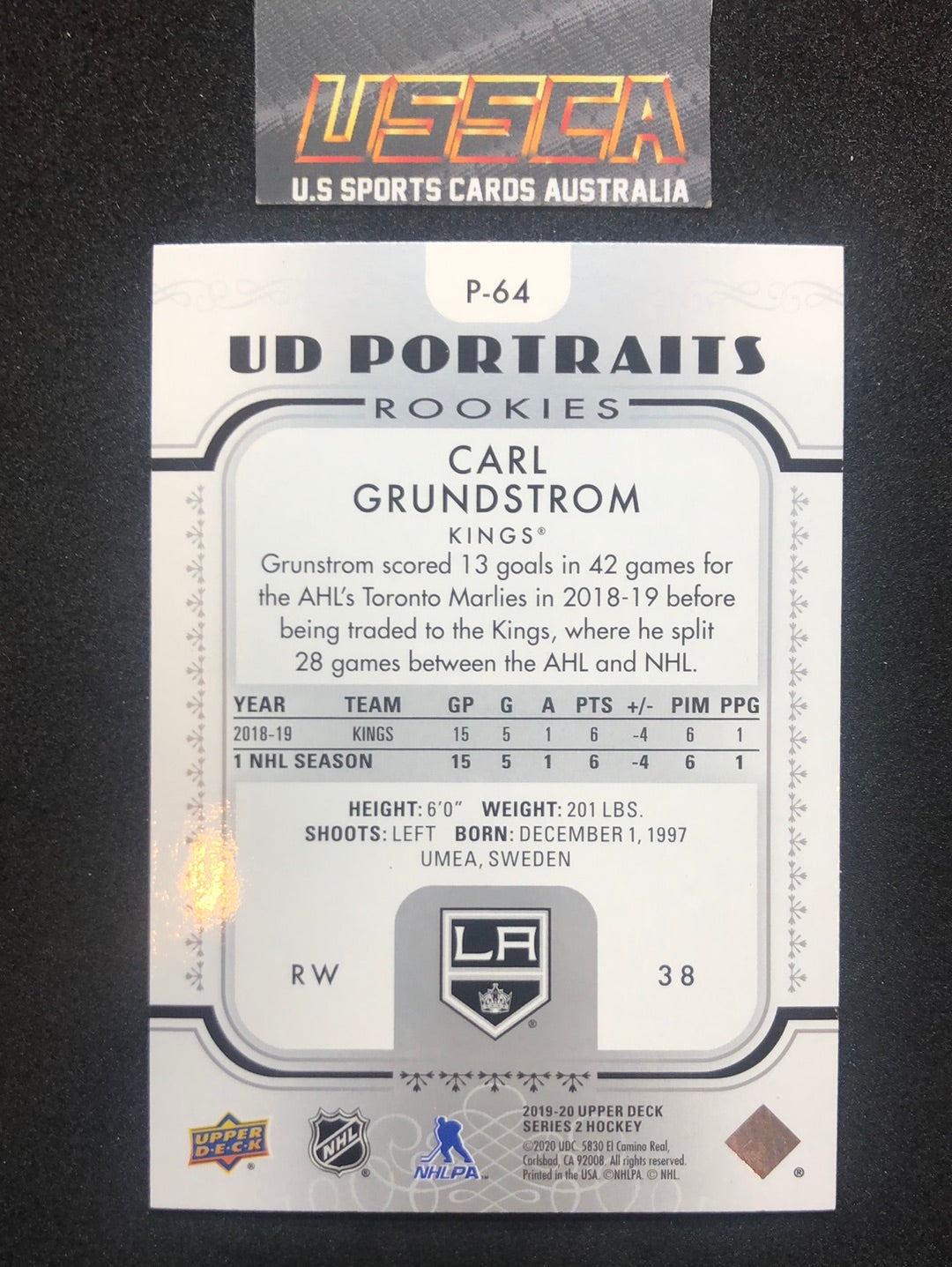 2019-20 Upper Deck Series Two  #P-64 - UD Portraits - Carl Grundstrom - Los Angeles Kings