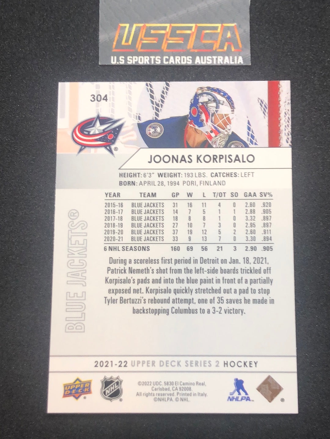 2021-22 Upper Deck Series Two #304 - Joonas Korpisalo - Columbus Blue Jackets